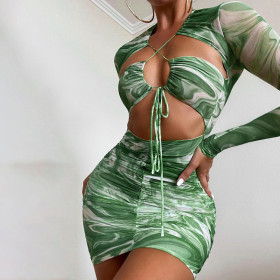 2021 autumn new printed long-sleeved cross-cut lace-up pleated dress women M21DS486