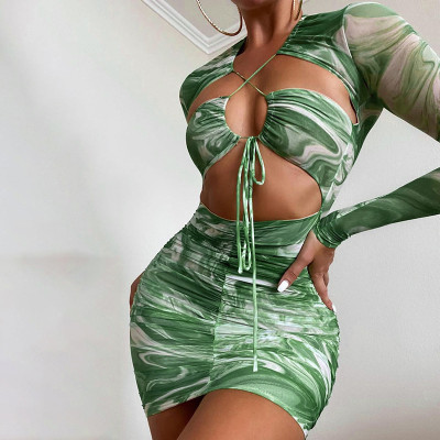 2021 autumn new printed long-sleeved cross-cut lace-up pleated dress women M21DS486