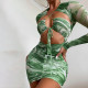 2021 autumn new printed long-sleeved cross-cut lace-up pleated dress women M21DS486
