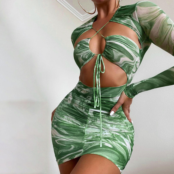 2021 autumn new printed long-sleeved cross-cut lace-up pleated dress women M21DS486