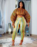 Plus size women's clothing autumn print lantern sleeve drawstring leisure two-piece suit plus size women's clothing Q21S962