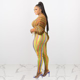 Plus size women's clothing autumn print lantern sleeve drawstring leisure two-piece suit plus size women's clothing Q21S962