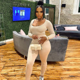 Women's autumn new solid color low-cut long-sleeved one-piece high-waist tight trousers suit women K21ST521