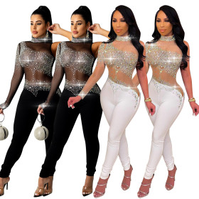 Autumn and winter sexy one-shoulder color diamond perspective hot diamond jumpsuit Q21Y966