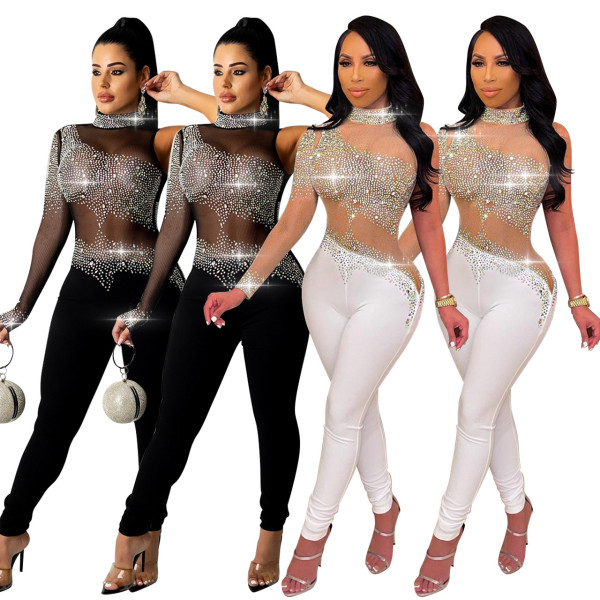 Autumn and winter sexy one-shoulder color diamond perspective hot diamond jumpsuit Q21Y966