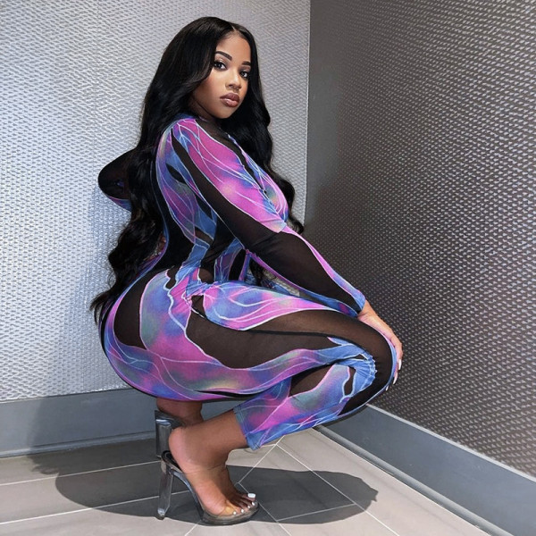 Women's new printed round neck long-sleeved hollow see-through tight trousers net gauze jumpsuit K21JP514