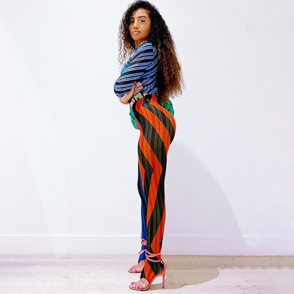 Women's Fall 2021 New Rainbow Stripe Slim Skinny High Waist Leggings Women K21PT544