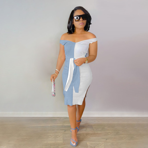 Women's fashion small pit stripe color matching dress with personalized straps, deep V, can leak shoulders YM209