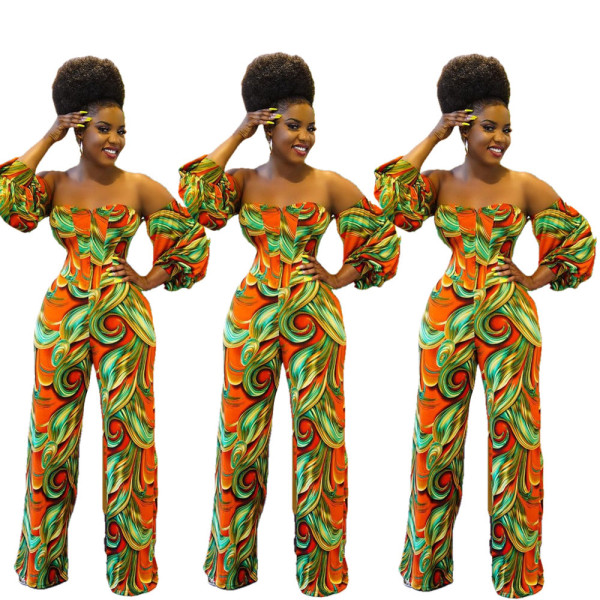 Geometric print sexy long-sleeved zipper suit two-piece OM6030