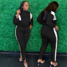 Fashion casual color contrast stitching sports two-piece suit drawstring YM153