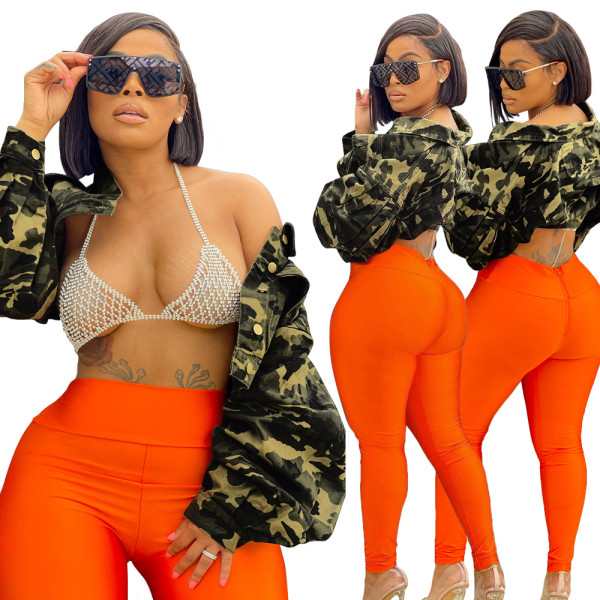 Fashion camouflage woven fabric one-piece top with puff sleeves YM212