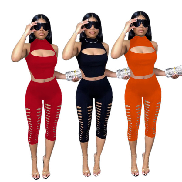 Pure color casual broken hole burnt flowers fashionable sexy casual suit OM9058