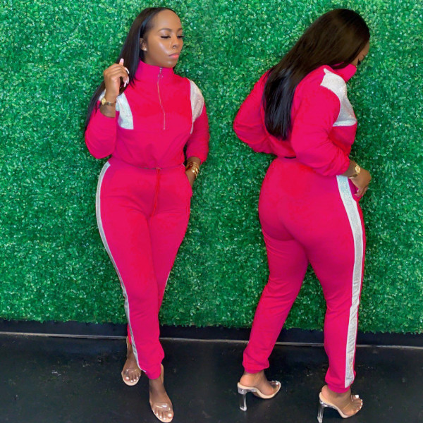 Fashion casual color contrast stitching sports two-piece suit drawstring YM153