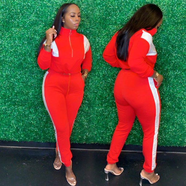 Fashion casual color contrast stitching sports two-piece suit drawstring YM153