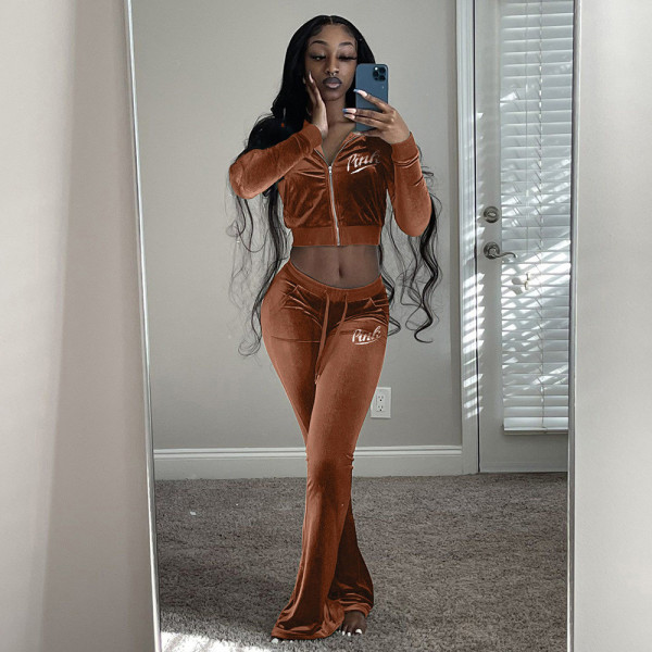 Two-piece Korean velvet fashion embroidered letters Sports and leisure small bell bottom pants YM218