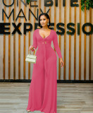 Pure color fashion sexy casual tie long sleeve jumpsuit OM1355