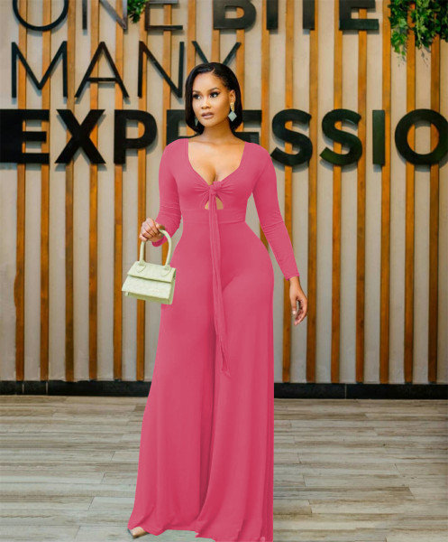 Pure color fashion sexy casual tie long sleeve jumpsuit OM1355
