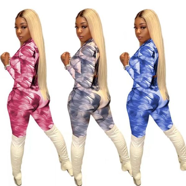 Women's smoke printing fashion sexy casual long suit two-piece suit OM1298