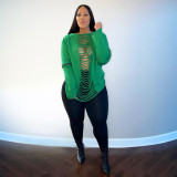 Autumn and winter solid color ripped holes and burnt flowers sexy sweater plus size women's clothing H1697