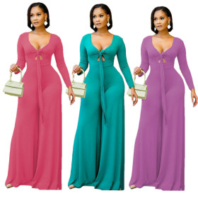 Pure color fashion sexy casual tie long sleeve jumpsuit OM1355