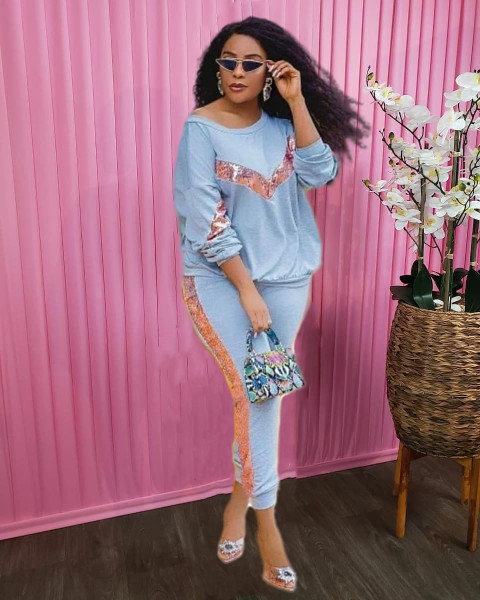 Women's new product autumn and winter models pure color sequins silver dot two-piece set OM2014