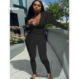 Women's sexy deep V long-sleeved trousers suit solid color sanded stretch two-piece suit W8238-1