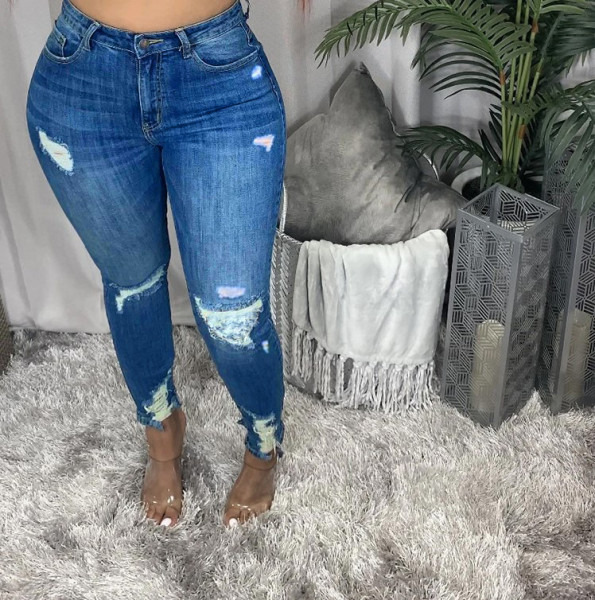Ripped stretch denim pants slim pants women's jeans OL721339