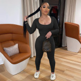 Women's autumn and winter elastic brushed fabric suit sexy U-neck long-sleeved trousers two-piece female W8240-1