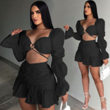 Ladies Fashion Lantern Sleeve Pleated Skirt Two Piece Set ALS267