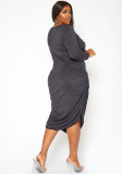 Solid color pleated long-sleeved round neck women's casual dress Y81339