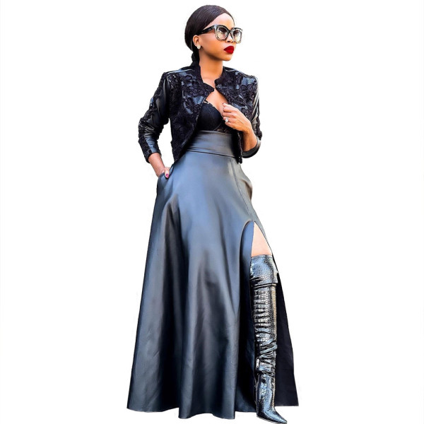 Leather high slit irregular skirt leather skirt OL6075 