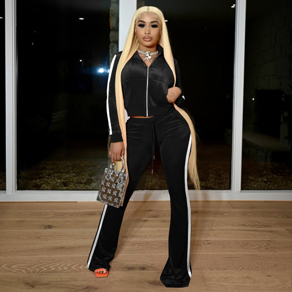 Women's ribbed color block flared pants suit AC8305
