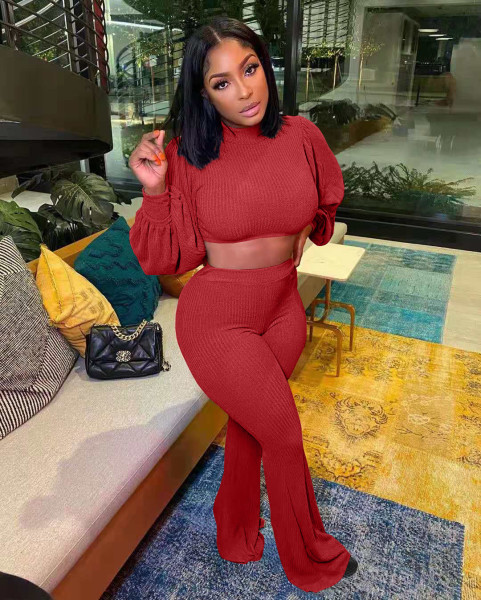 Women's clothing autumn and winter wool knitting lantern sleeve bell bottom trousers suit L270