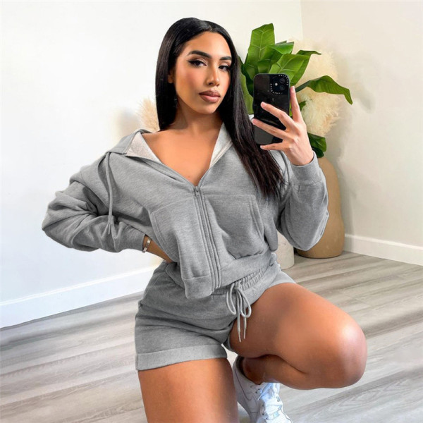 2021 autumn European and American foreign trade women's new fashion hooded style sweater bag hip straight shorts casual suit K21S05045