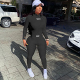 Letter Embroidered Long Sleeve Trousers Turtleneck Set Solid Color Hole Strip Two-piece Set W8242