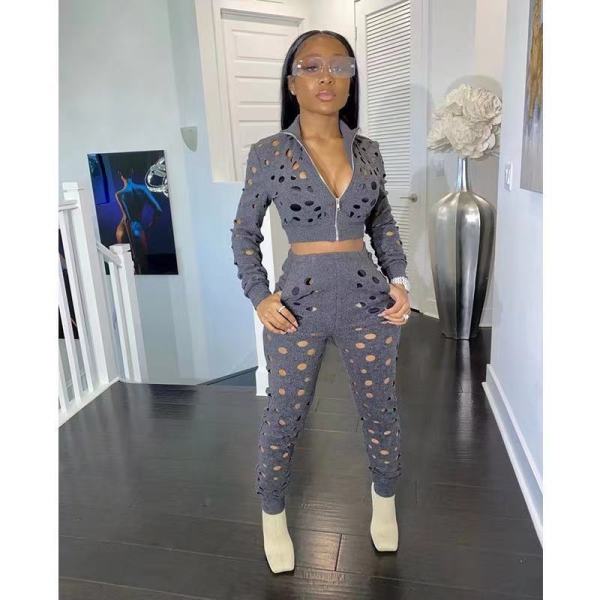 Ladies hot sale zipper burnt hole sweatshirt sports suit two-piece suit XY9117