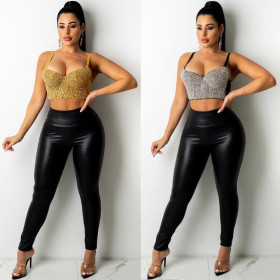 Sexy European and American Slim Hot Rhinestone Solid Color Top SK6019