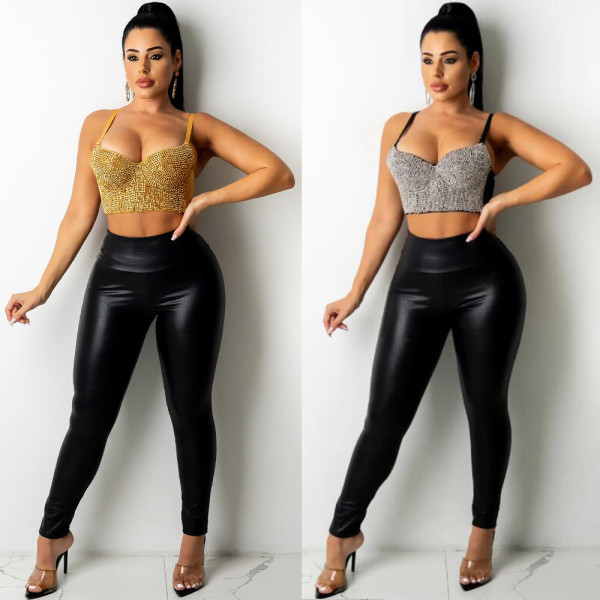 Sexy European and American Slim Hot Rhinestone Solid Color Top SK6019