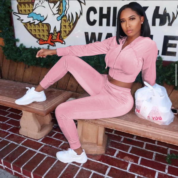 Women's Korean Fleece Hooded Jacket Slim Pants Two-Piece Women's Retro Suit W8244