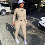 Letter Embroidered Long Sleeve Trousers Turtleneck Set Solid Color Hole Strip Two-piece Set W8242