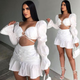 Ladies Fashion Lantern Sleeve Pleated Skirt Two Piece Set ALS267