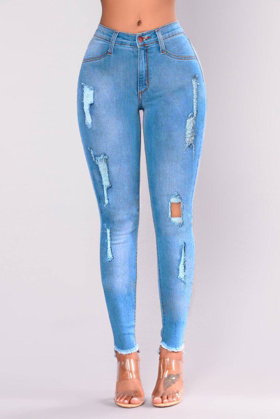 Women's jeans with ripped stretch denim feet pants OL721347