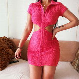 Lapel single-breasted hollow V-neck hip dress fashion sexy waist fairy skirt JY21348DG