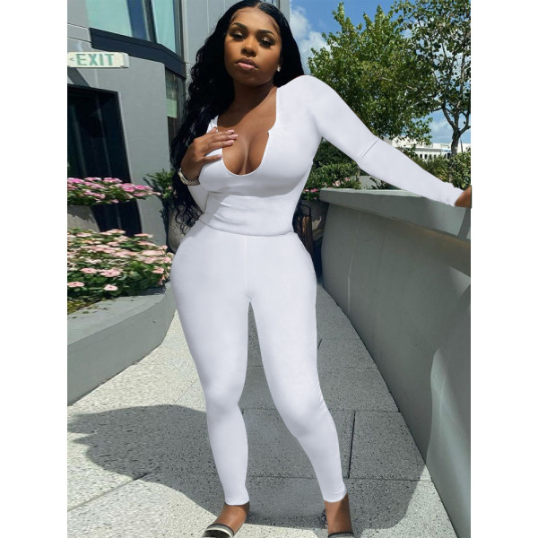 Women's sexy deep V long-sleeved trousers suit solid color sanded stretch two-piece suit W8238-1