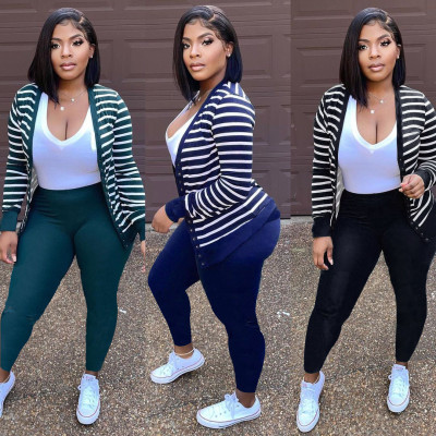 Fashion striped buttoned cardigan trousers two-piece suit AN5230