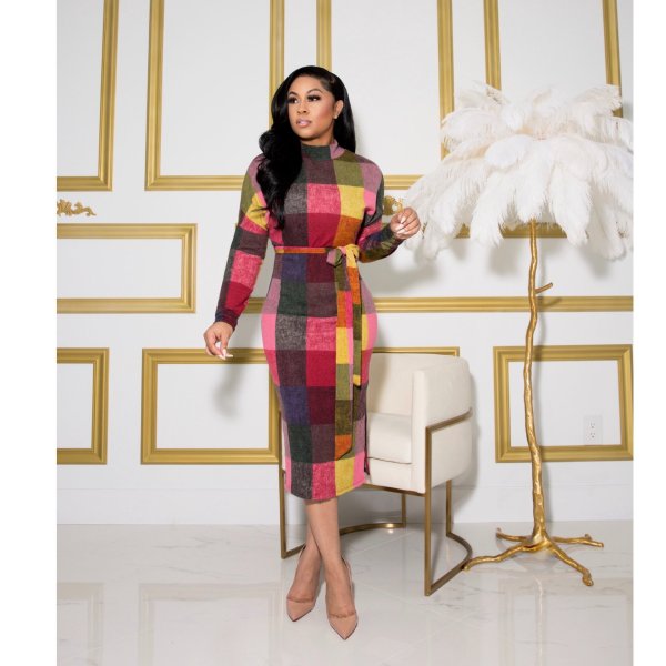 Women's fashion positioning contrast color printing side slit slim dress with belt LS6409