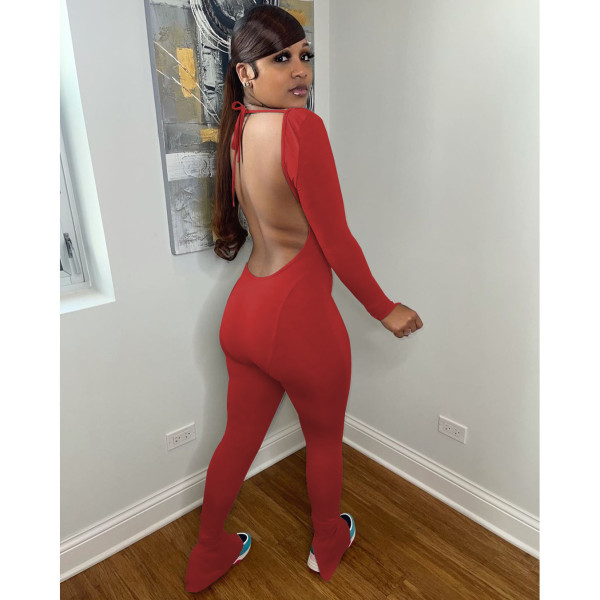 Halter neck jumpsuit trousers solid color high stretch fabric sports pants yoga pants W8239