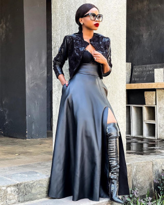 Leather high slit irregular skirt leather skirt OL6075 