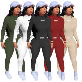 Letter Embroidered Long Sleeve Trousers Turtleneck Set Solid Color Hole Strip Two-piece Set W8242