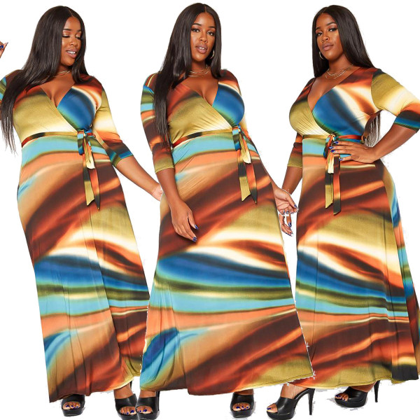 Printed autumn and winter V-neck fashion plus size women's dress Y81340
